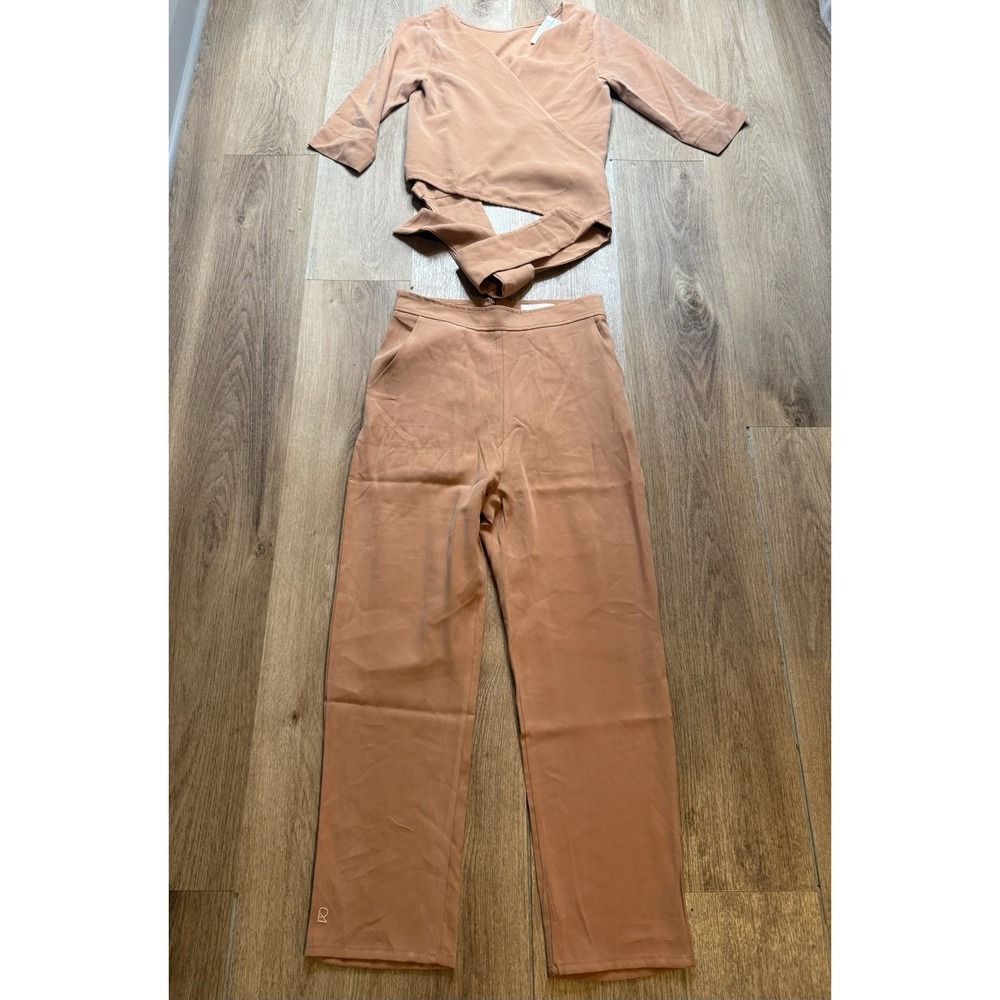 Reclaim Wrap Tie Blouse Top & Pants Set Women's M Camel Tan 2 Piece Outfit Italy
